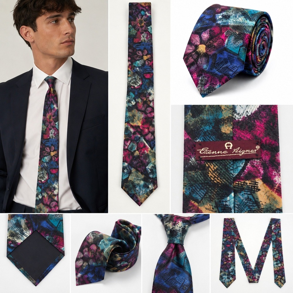 Vintage Etienne Aigner Men's Tie Abstract Floral Multicolor Necktie Art Deco 90s